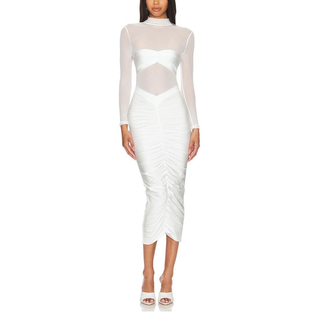 Seroya Levina Midi Dress White Mockneck Sheer Mesh Paneling New size XS